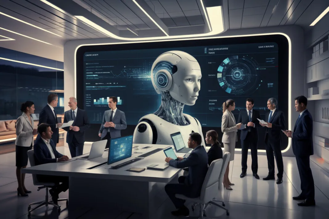 Interface futuriste de l'IA GPT-5.4 dans un bureau moderne
