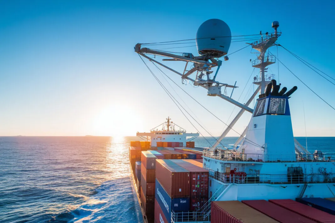 Un navire CMA CGM équipé d'antennes satellites en mer