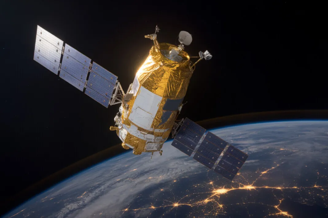 Satellite Starlink avec panneaux solaires en orbite autour de la Terre