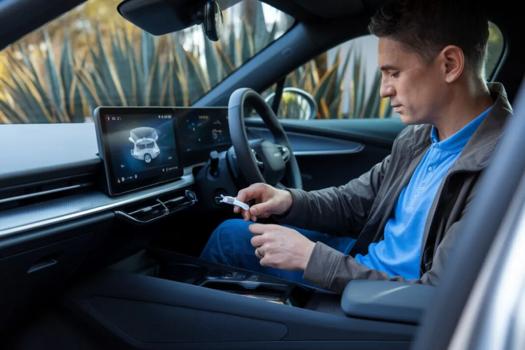 Un conducteur installe un adaptateur CarPlay sans fil sur port USB