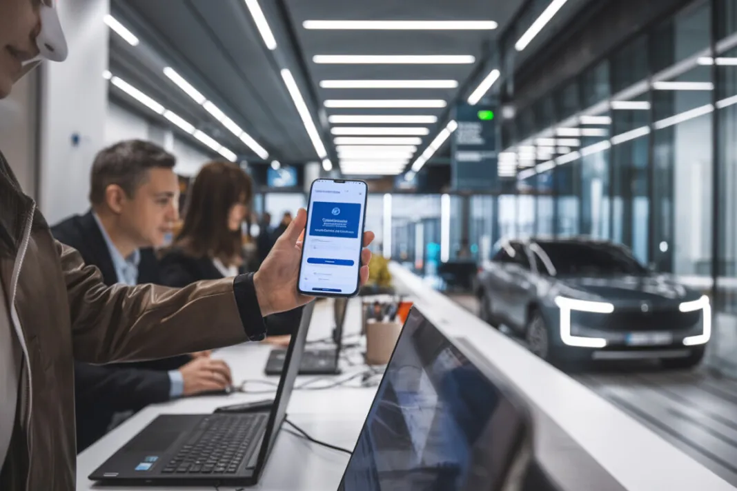 Un usager montre un portail administratif en maintenance à un agent