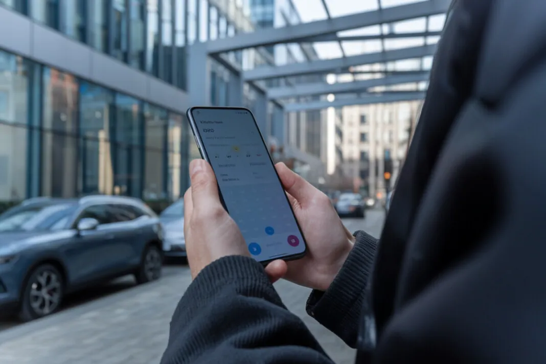 Un utilisateur consulte l’application météo sur un smartphone Galaxy en ville
