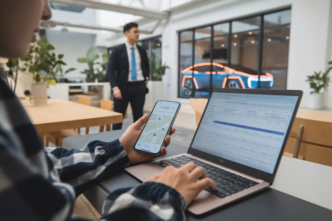 Utilisateur consulte ChatGPT sur smartphone et ordinateur portable au travail