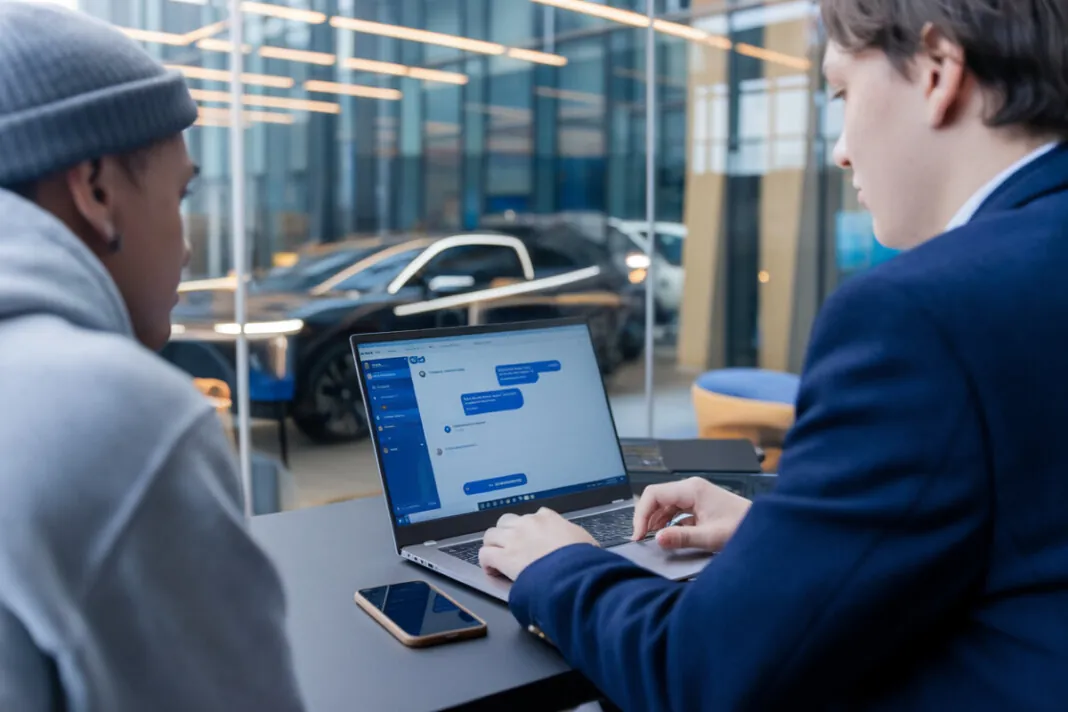 Deux utilisateurs consultent un assistant IA sur ordinateur portable au bureau