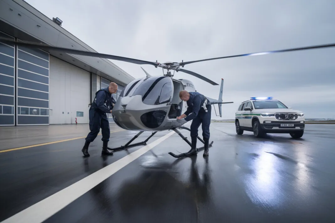 Techniciens préparent un drone de surveillance sur base côtière en mer du Nord