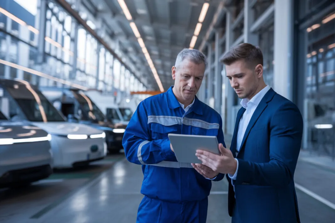 Deux responsables industriels analysent une chaîne logistique dans une zone moderne