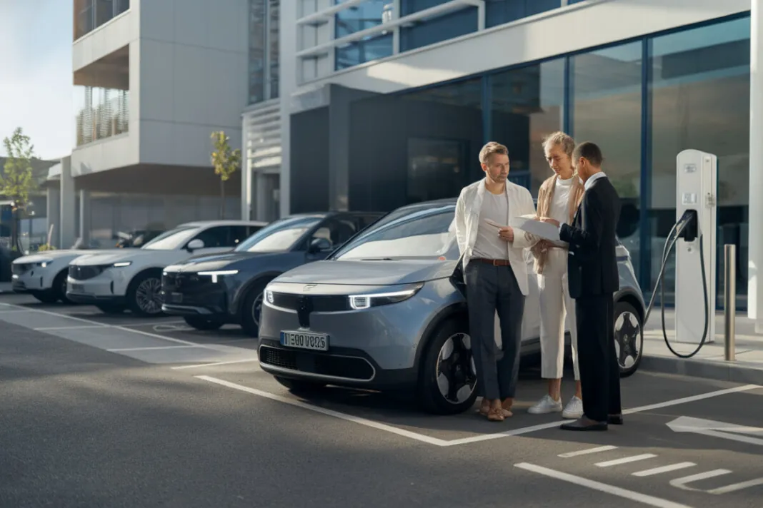 Un couple examine une offre de leasing social pour voiture électrique