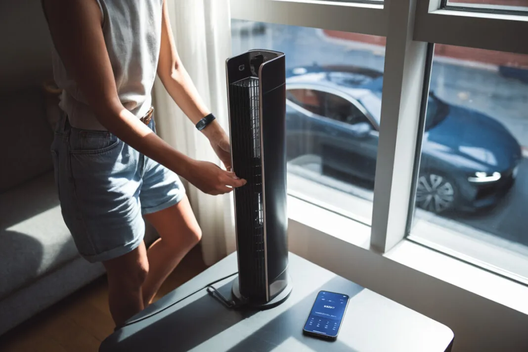 Un ventilateur colonne silencieux rafraîchit un salon pendant la canicule