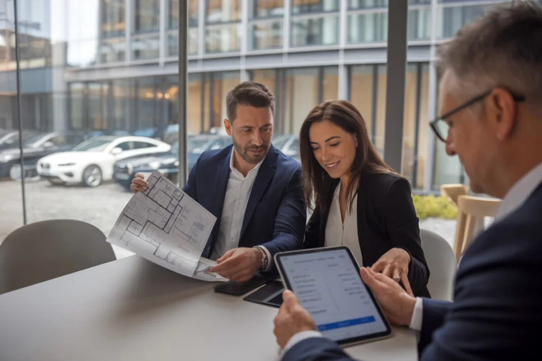 Un couple échange avec un conseiller sur un investissement locatif neuf