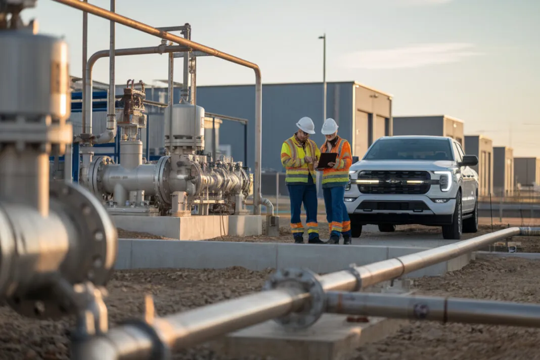 Techniciens près d’une station de compression de gaz au Texas