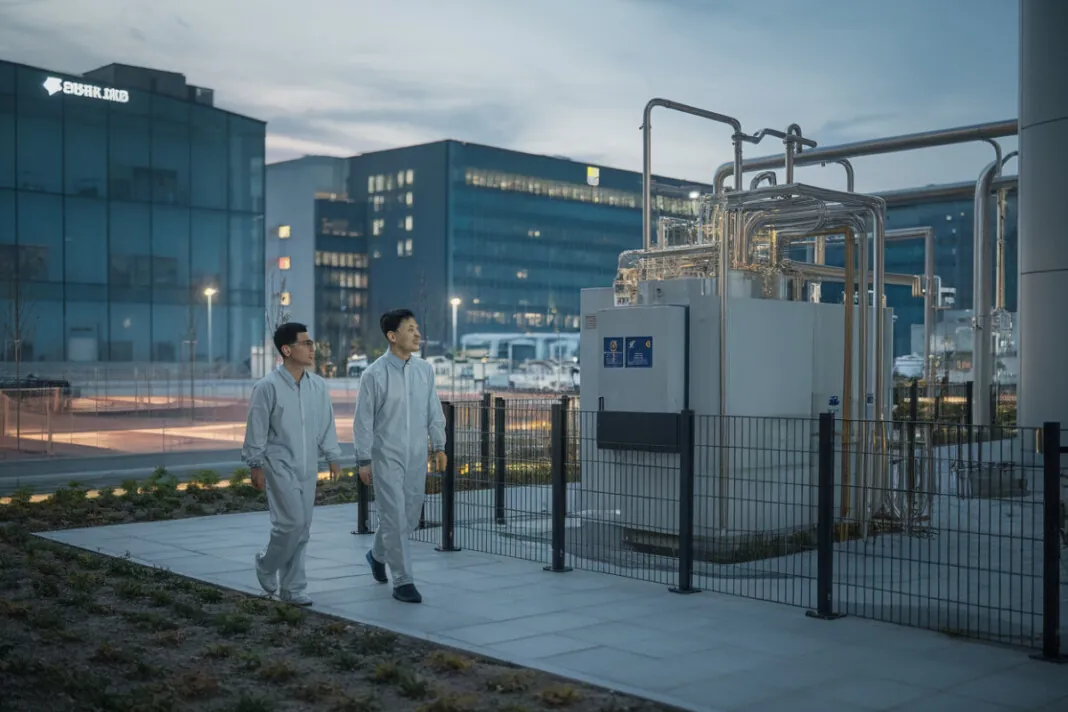 Techniciens près d’installations de gaz pour une usine de semi-conducteurs