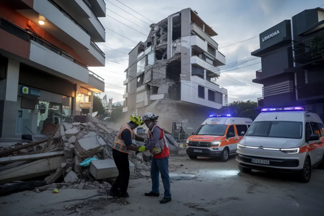 Secouristes et habitants près d’un immeuble endommagé à Caracas