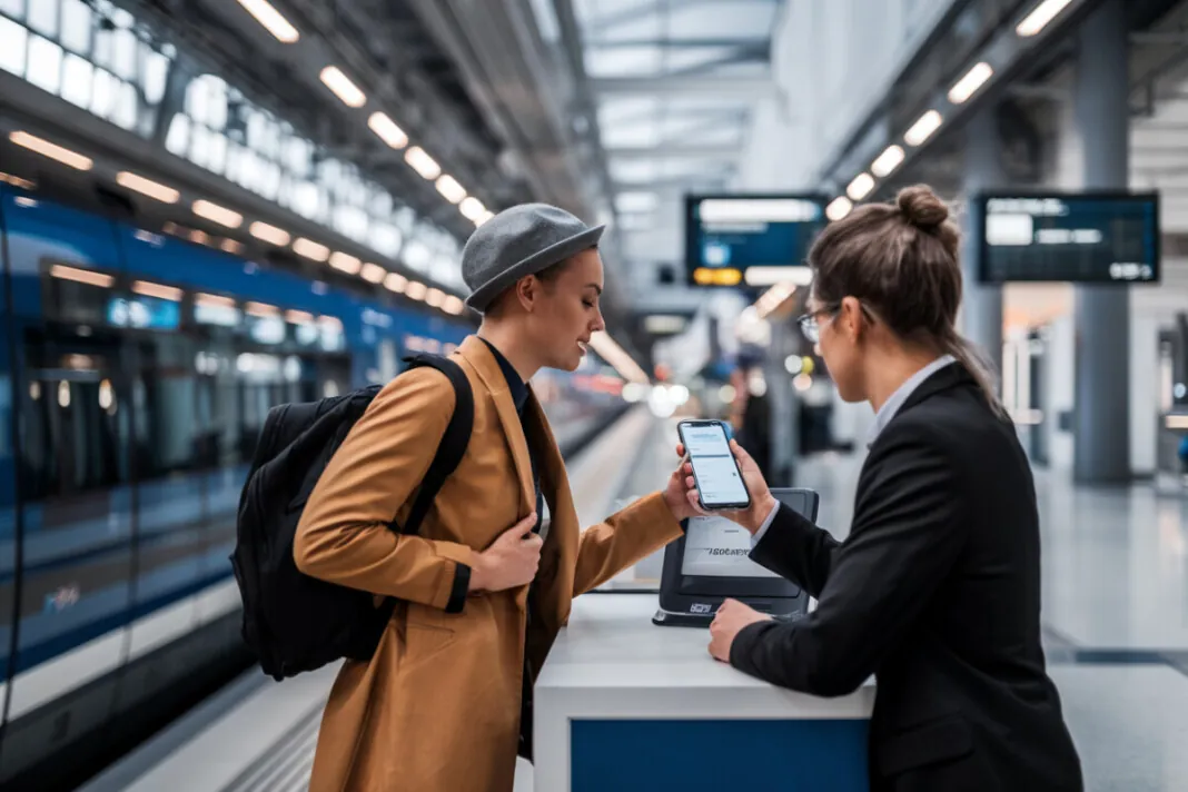 Un voyageur réserve un train en Europe centrale via une plateforme