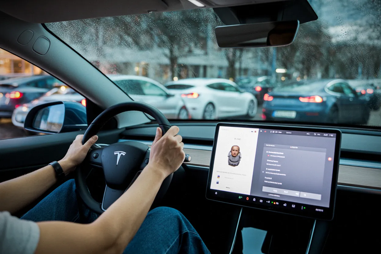 Grok sur écran Tesla en Belgique, commandes vocales en conduite urbaine nocturne