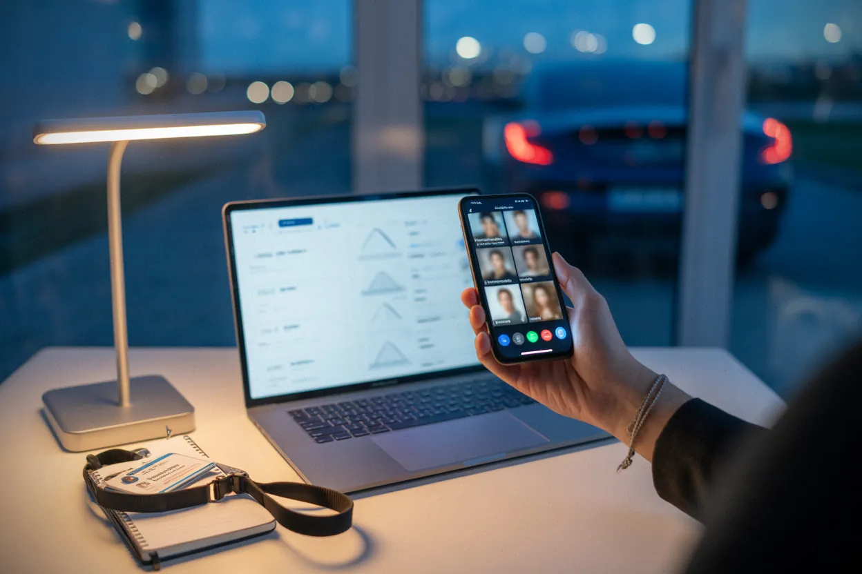 Analyste vérifiant des profils de fausses soldates sur smartphone et ordinateur