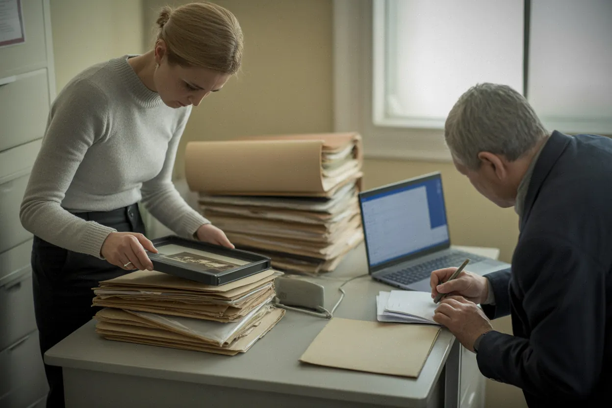 Bénévoles de Rochechouart classant des archives pour une étude patrimoniale