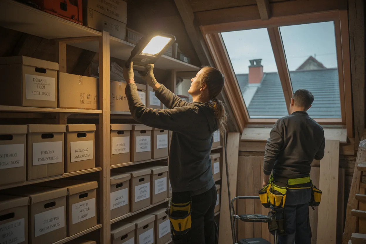 Atelier patrimonial à Vignory avec étagères en cours d’installation