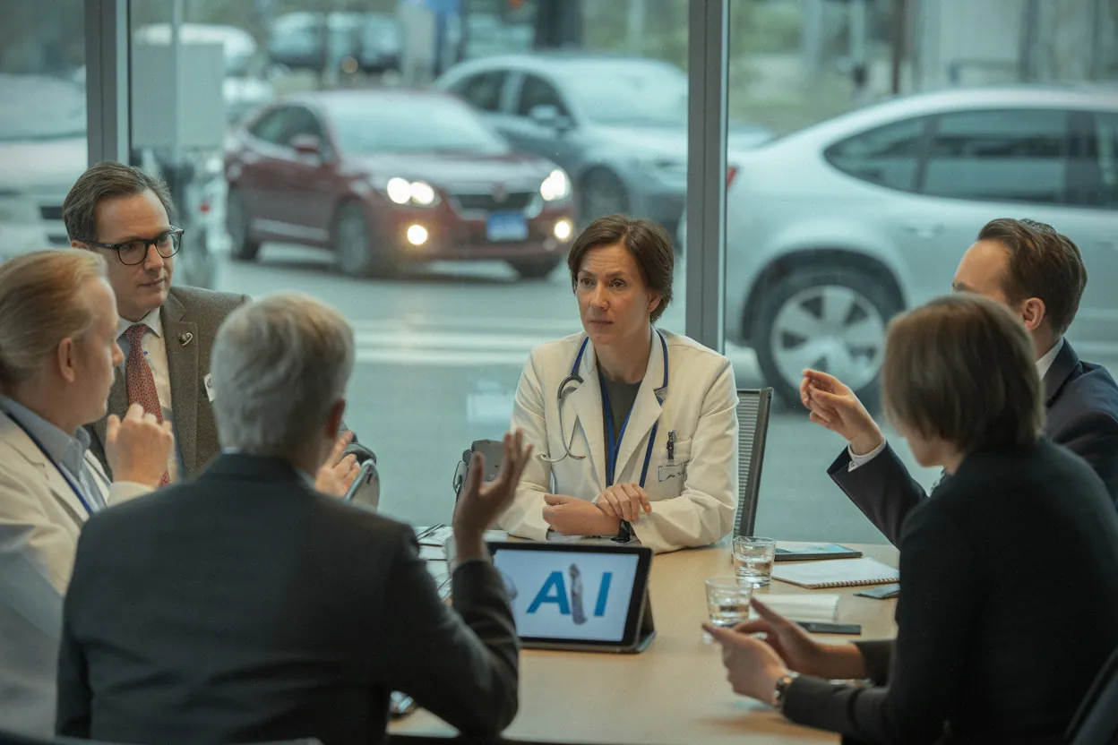 Réunion entre médecins et gestionnaires sur l’encadrement de l’IA clinique