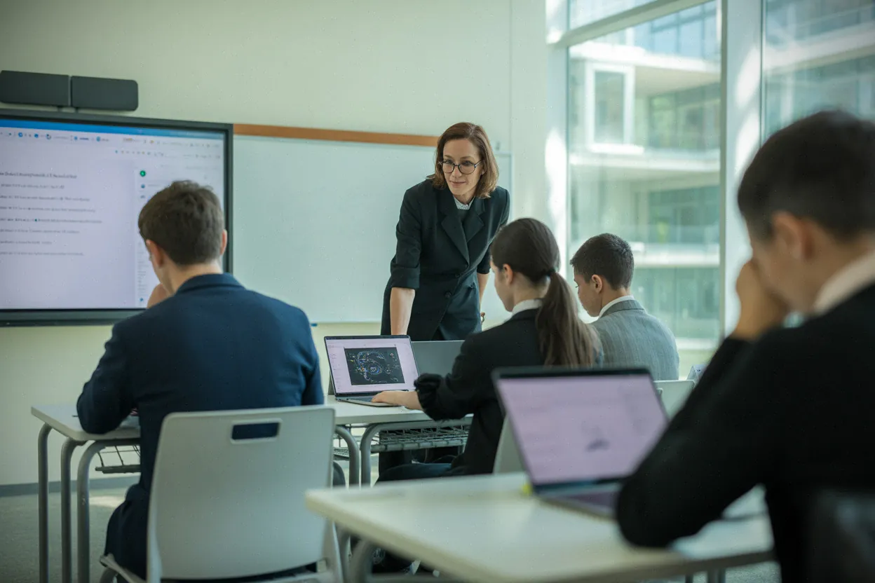 Classe moderne, élèves sur ordinateurs, usage encadré d’outils d’IA