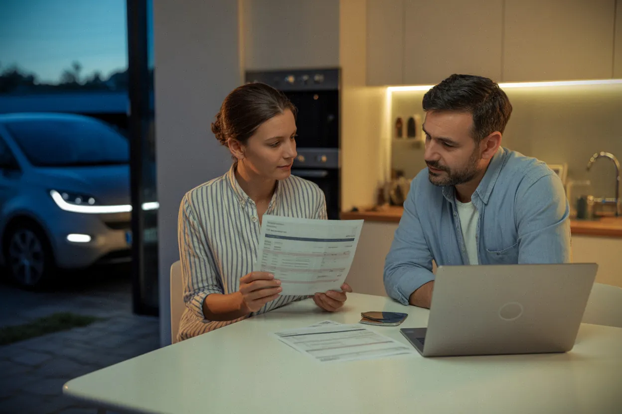 Couple comparant assurance-vie, PEA et PER à domicile