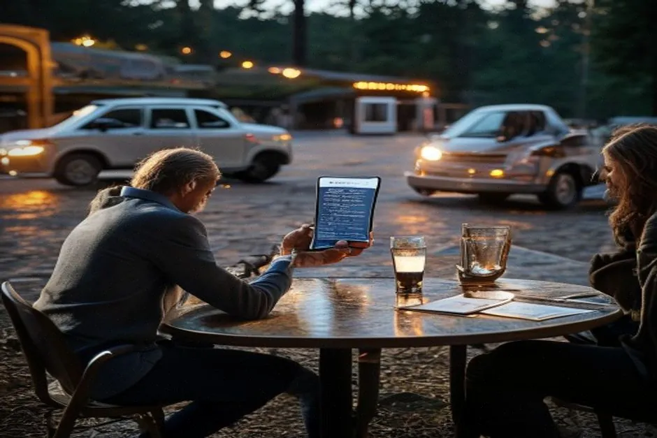Client réservant une table par téléphone avant une soirée au Salagou