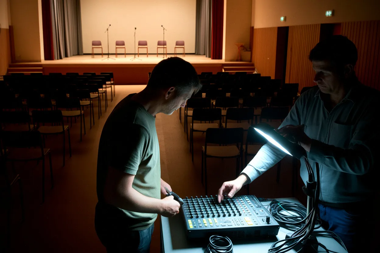 Préparation d’un concert dans une salle communale à Saint-Antonin-Noble-Val