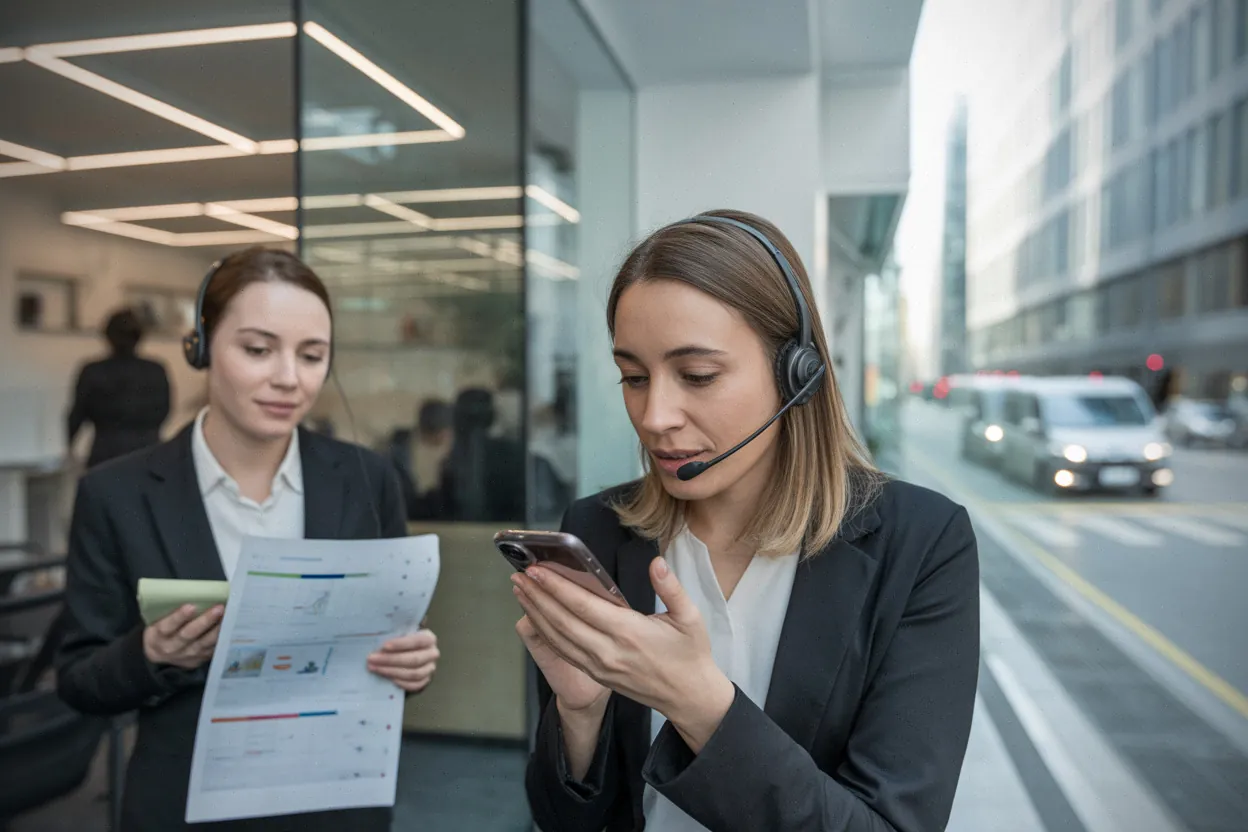 Employé s’entraînant au français avec IA sur smartphone au bureau