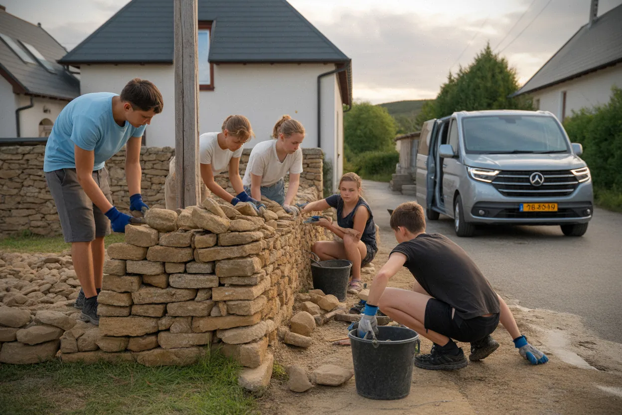 Jeunes bénévoles restaurant un mur en pierres sèches à Vignory