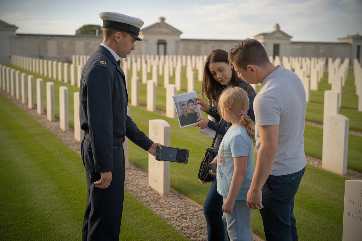 Jardinier guidant des visiteurs dans un cimetière militaire, mémoire et entretien