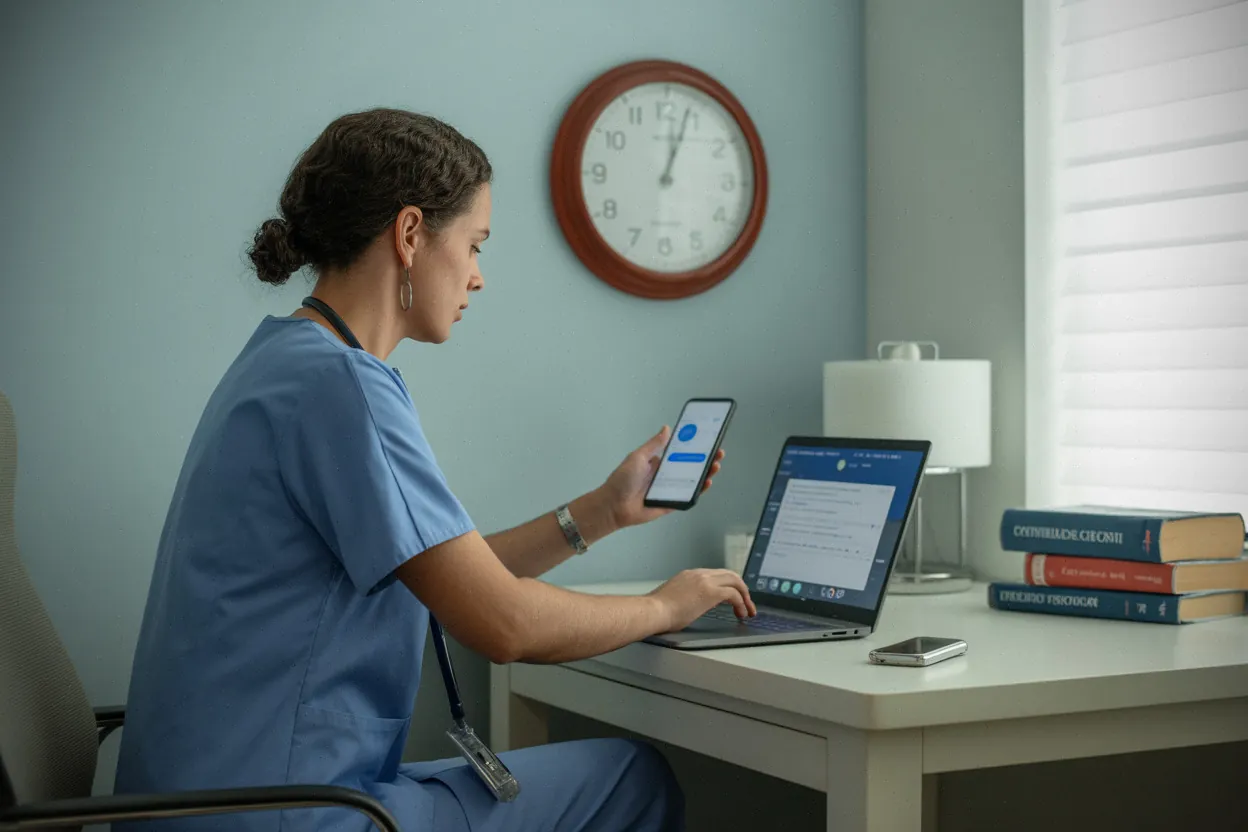 Médecin en garde utilisant un assistant IA sur smartphone et ordinateur