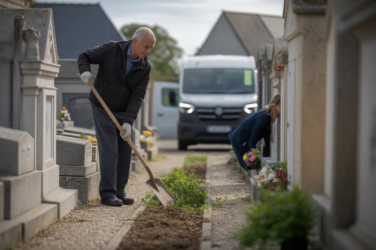 Retraité désherbant les allées d’un cimetière communal, entretien bénévole quotidien