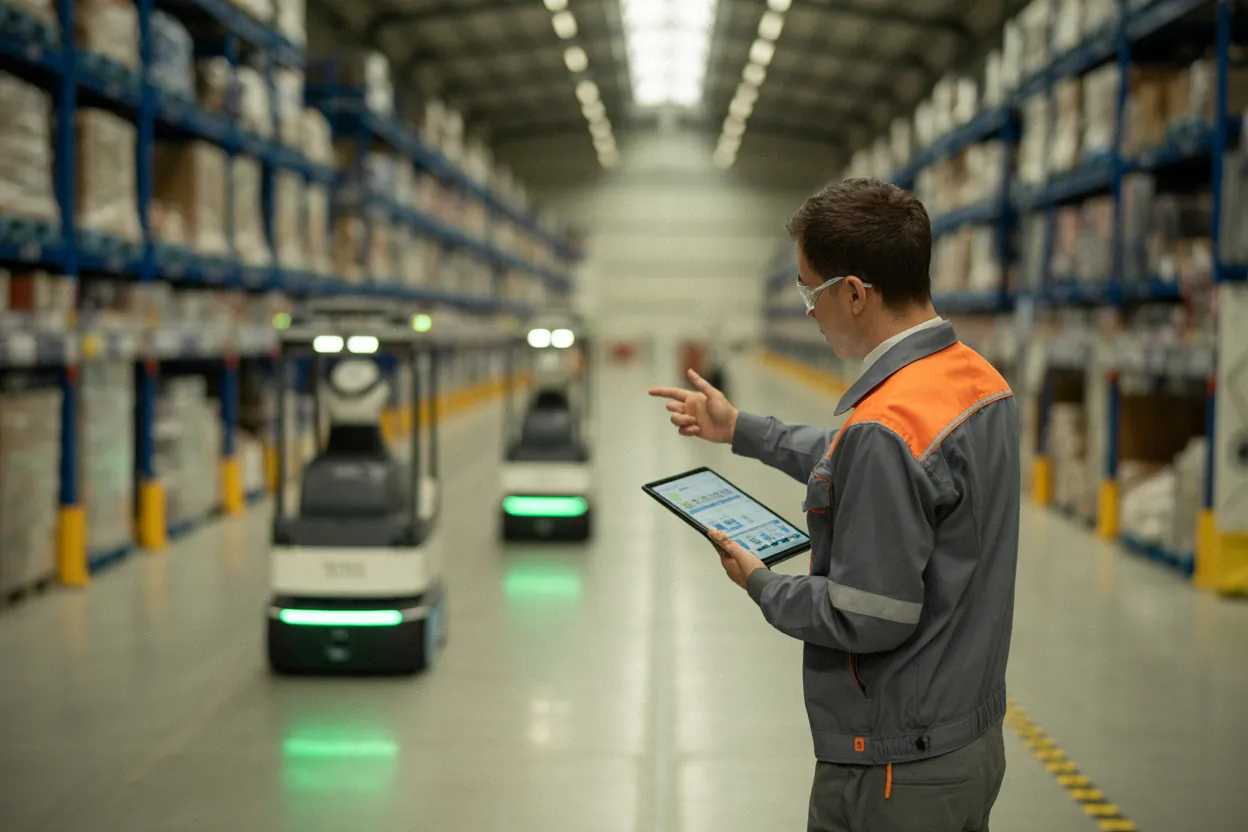 Robots d’entrepôt et technicien supervisant l’automatisation du travail