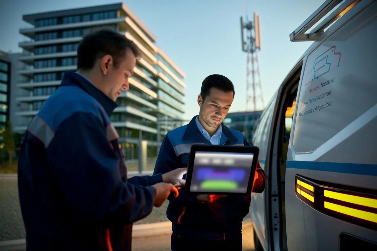 Techniciens télécom utilisant une tablette pour maintenance réseau assistée par IA