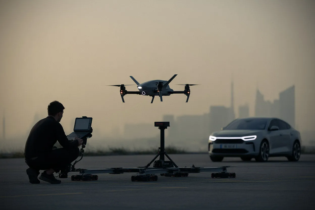 Drone intercepteur au décollage, opérateur au sol et skyline contemporaine