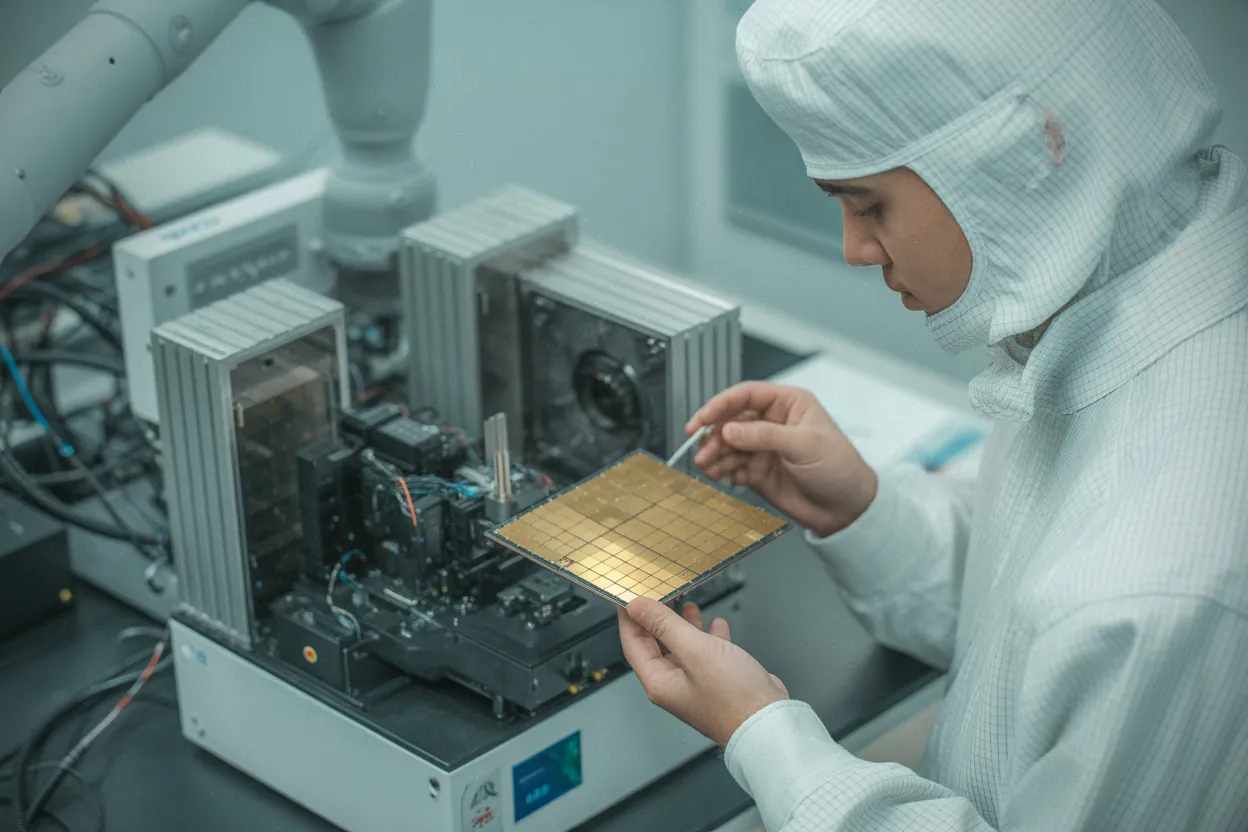 Ingénieur en salle blanche près d’une machine EUV pour semi-conducteurs
