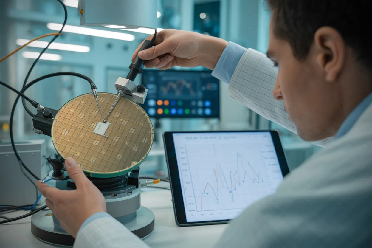 Mesures sur wafer après optimisation IA de composants miniaturisés en laboratoire