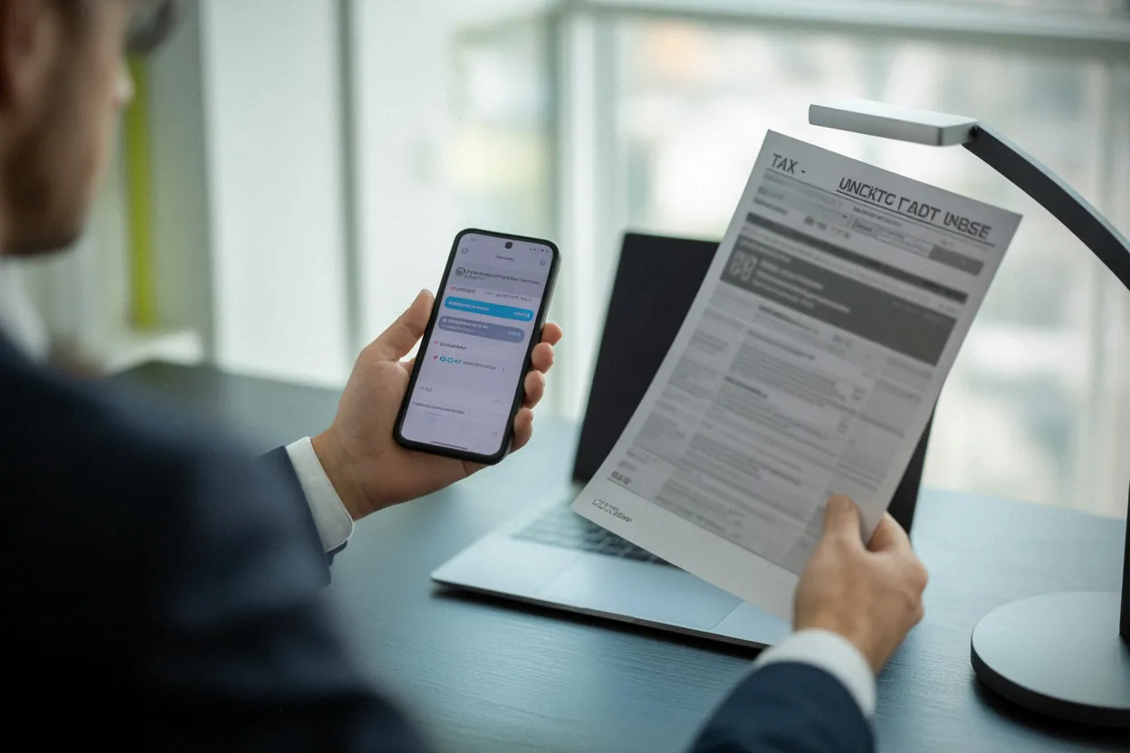 Bouton de correction Impots.gouv sur smartphone, documents fiscaux sur bureau moderne