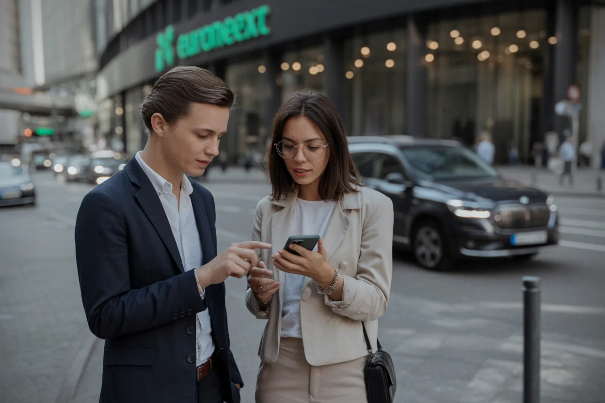 Investisseurs consultant des turbos en mobilité devant un quartier d’affaires contemporain