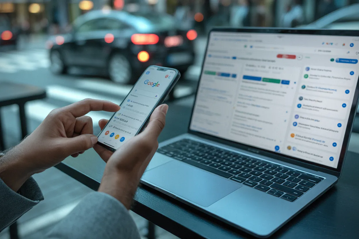 Utilisateur consultant des aperçus IA sur smartphone et ordinateur portable