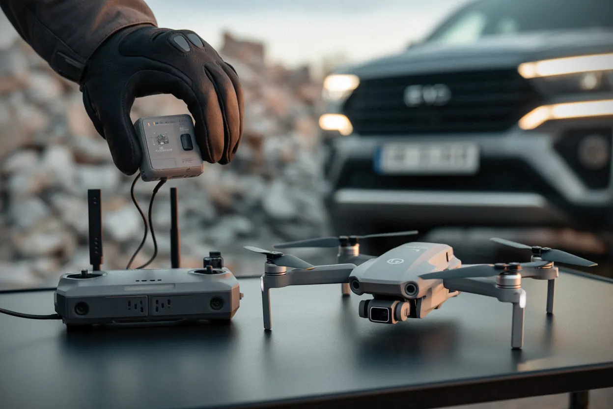 Drone ukrainien en maintenance, module IA et antennes sur table de terrain