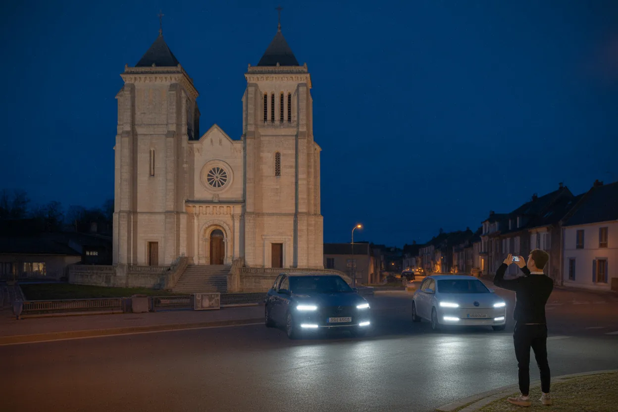 Église de Sainte-Croix illuminée le soir, mise en valeur patrimoniale