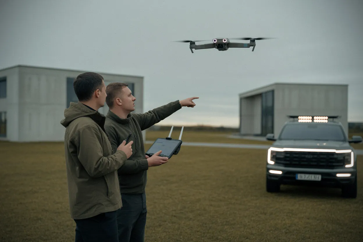 Équipe ukrainienne pilotant un drone sous brouillage sur le terrain