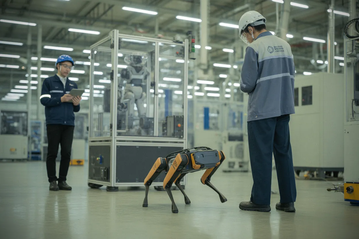 Ingénieurs testent un robot Unitree sur ligne pilote en environnement industriel