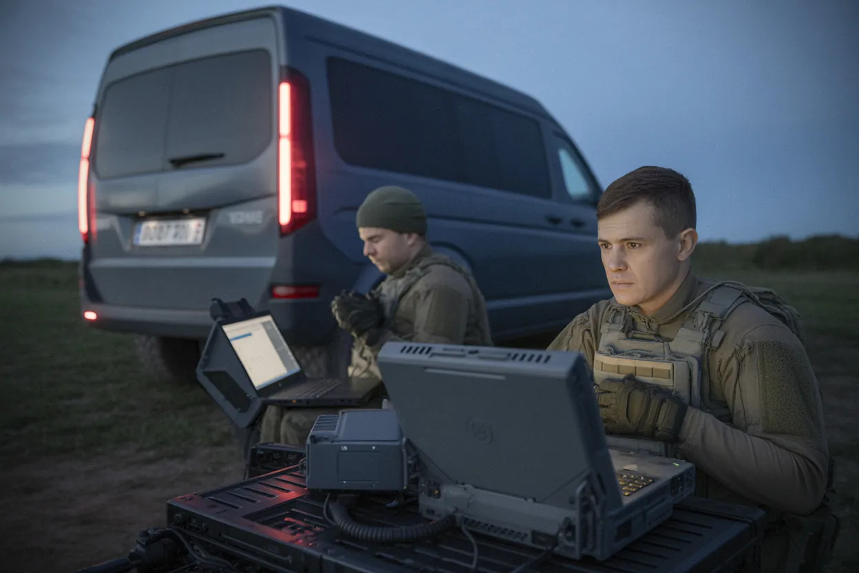 Opérateurs de drones ukrainiens utilisant une liaison satellite sur le terrain