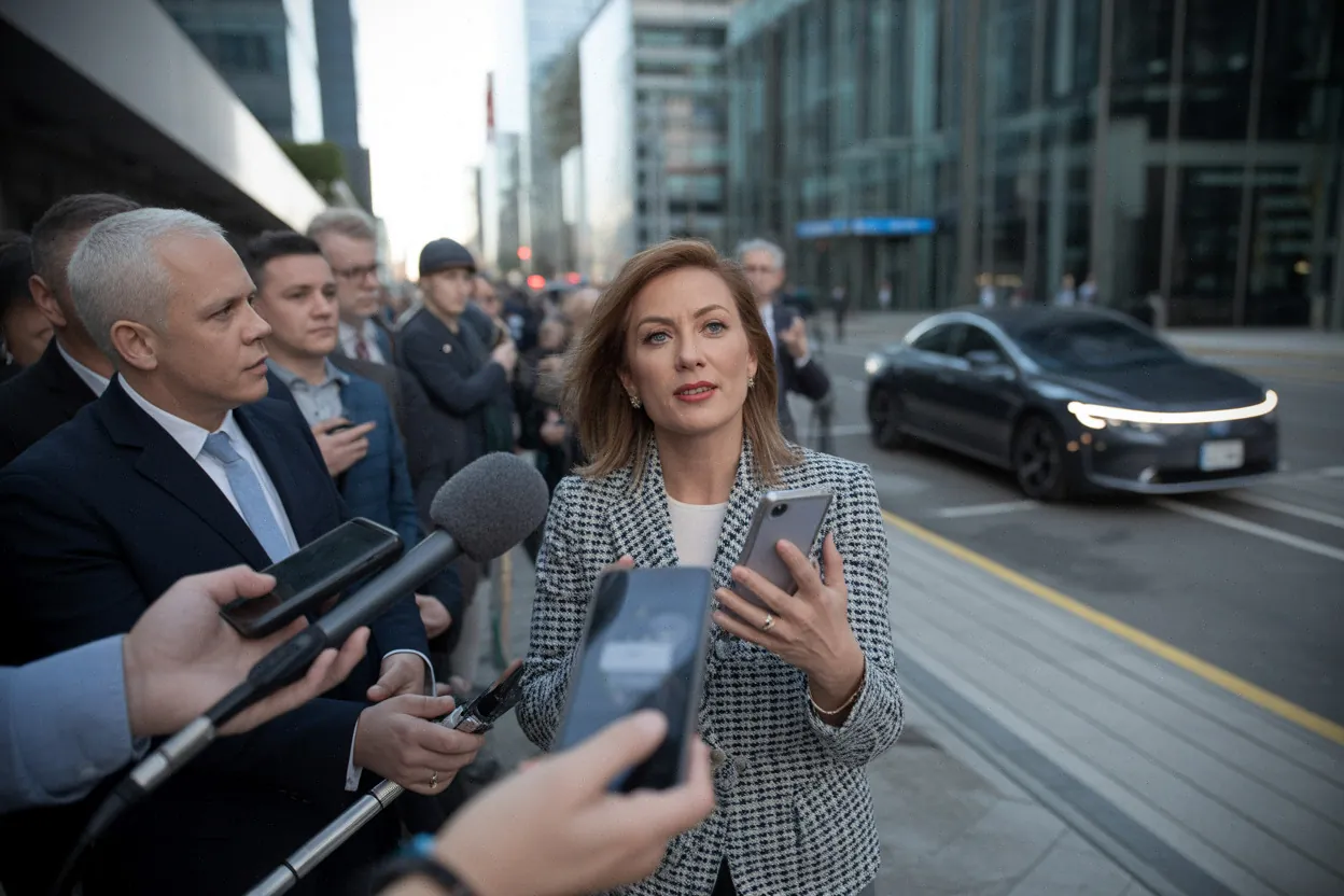 Marine Tondelier répond sur X devant des journalistes à Paris