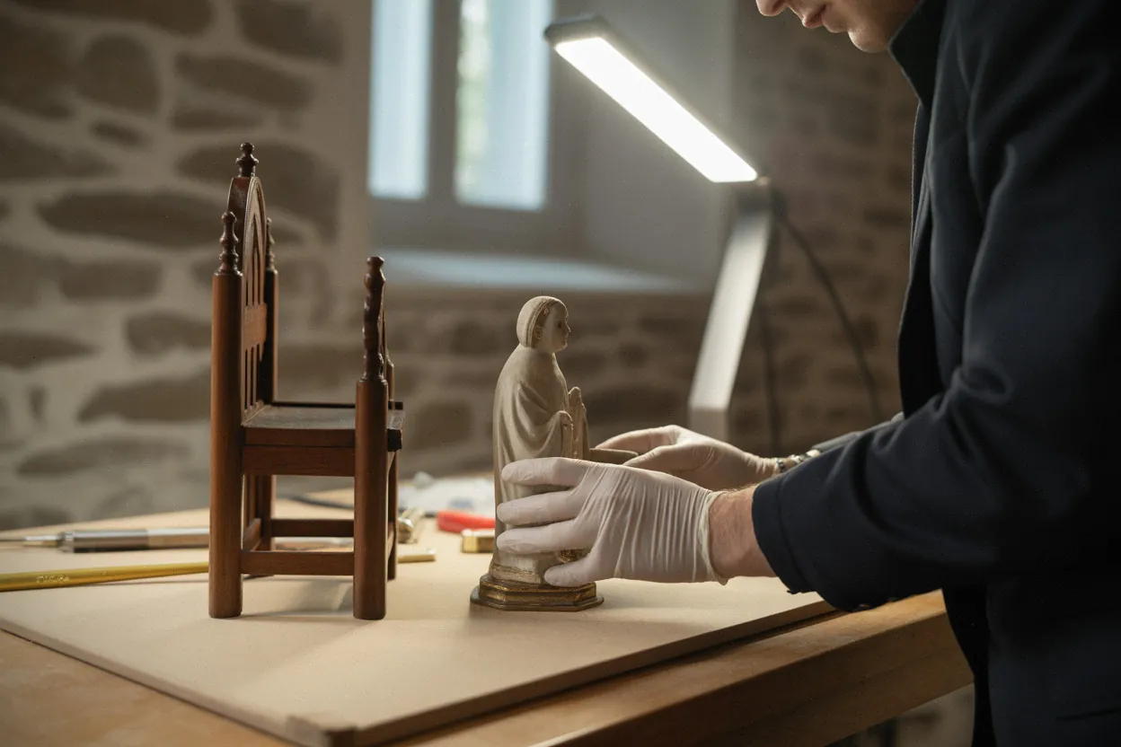 Restauration d’une statue et mobilier dans la sacristie de Sainte-Croix