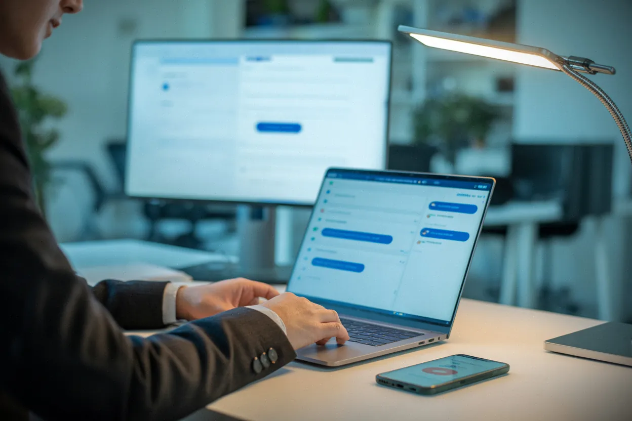 Employé vérifiant une réponse de chatbot sur ordinateur au bureau
